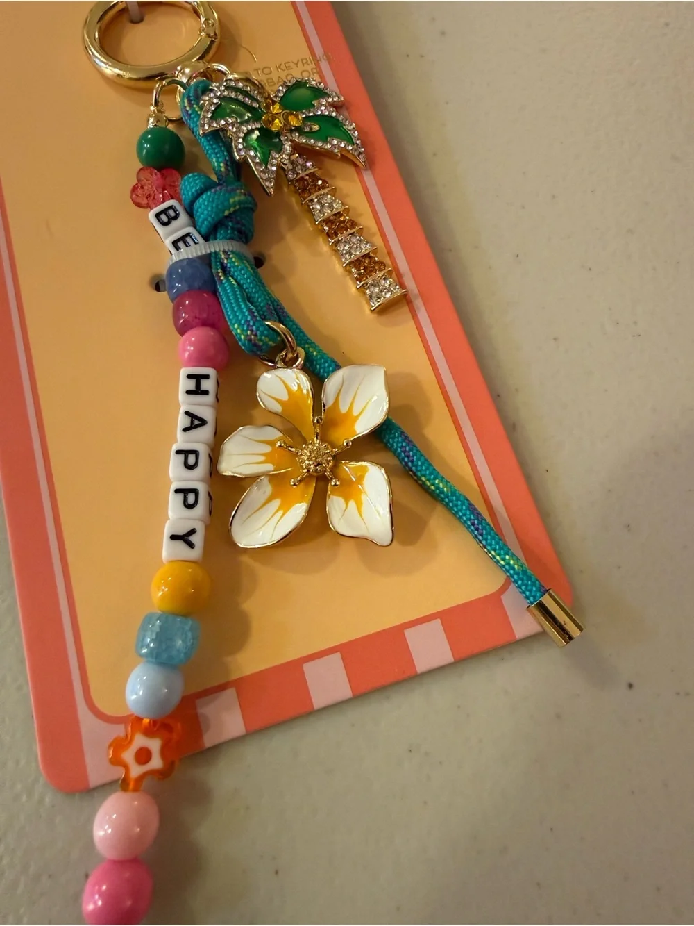 Piper K Palm Tree/Flower/“Be Happy” Bag Charm Key Chain - Multicolor - BRAND NEW